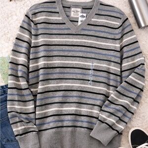 NWT Striped V-Neck Sweater XXL Gray Blue Black Lightweight Pullover